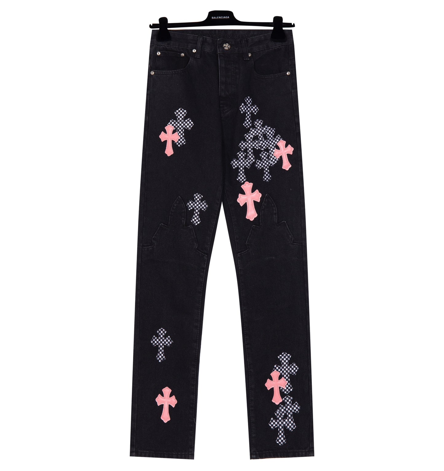 Chrome Hearts Pink/Checkered Cross Patch Black Denim Jeans