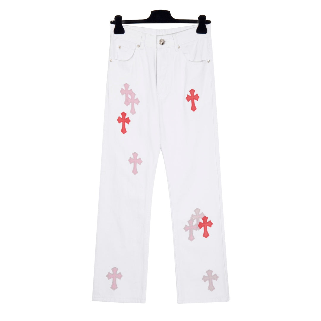 Chrome Hearts x Levis Pink/Red Cross Patch White Denim Jeans