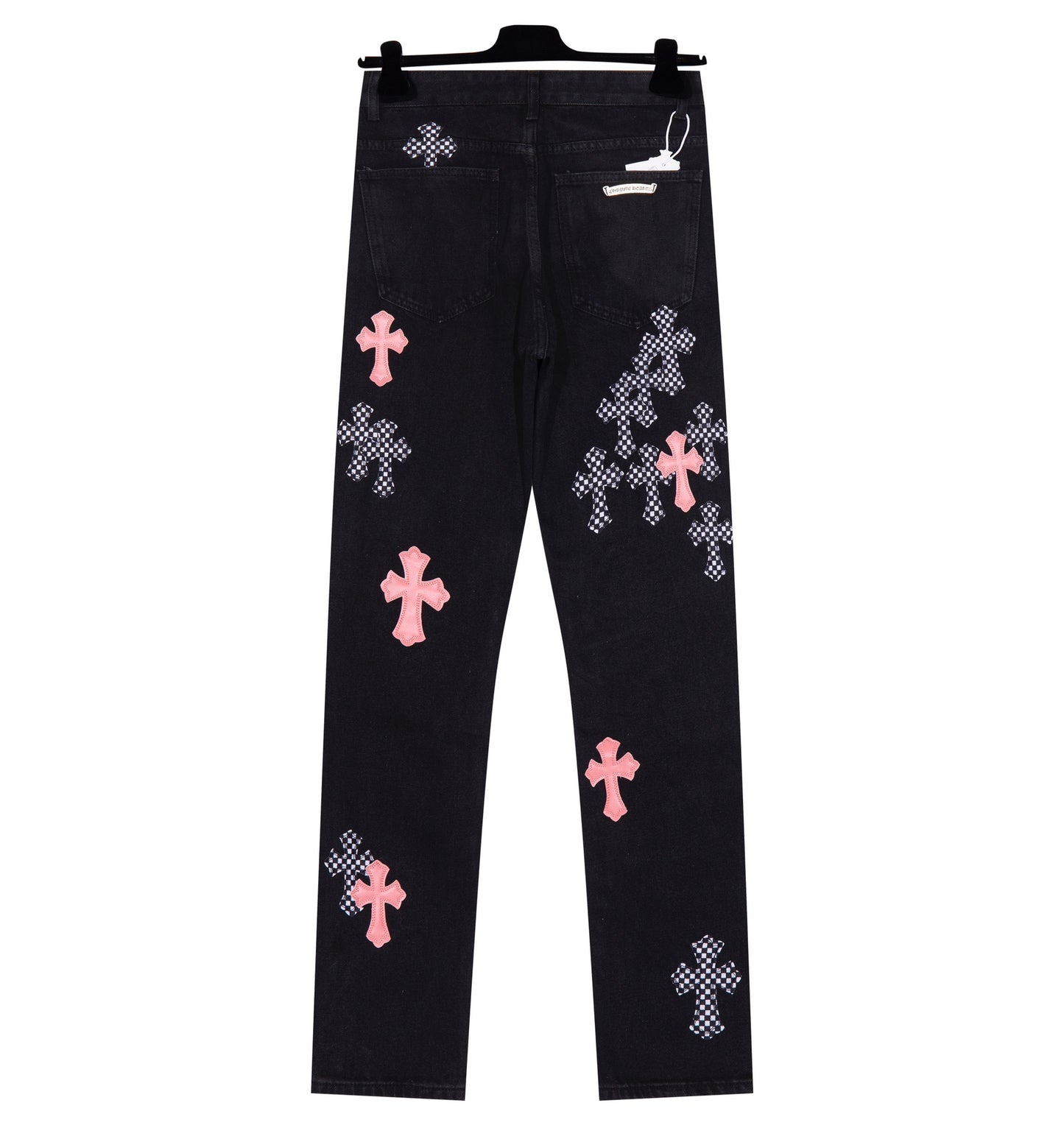 Chrome Hearts Pink/Checkered Cross Patch Black Denim Jeans