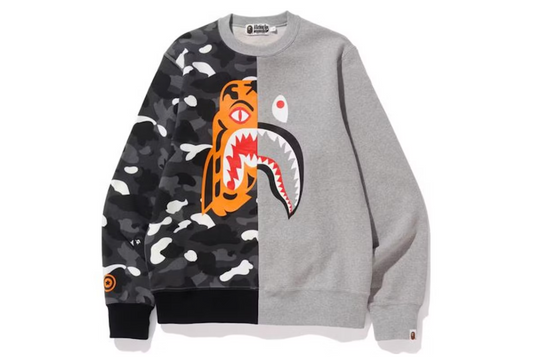 Bape A Bathing Ape Half Tiger Half Shark Crewneck Grey Sweater