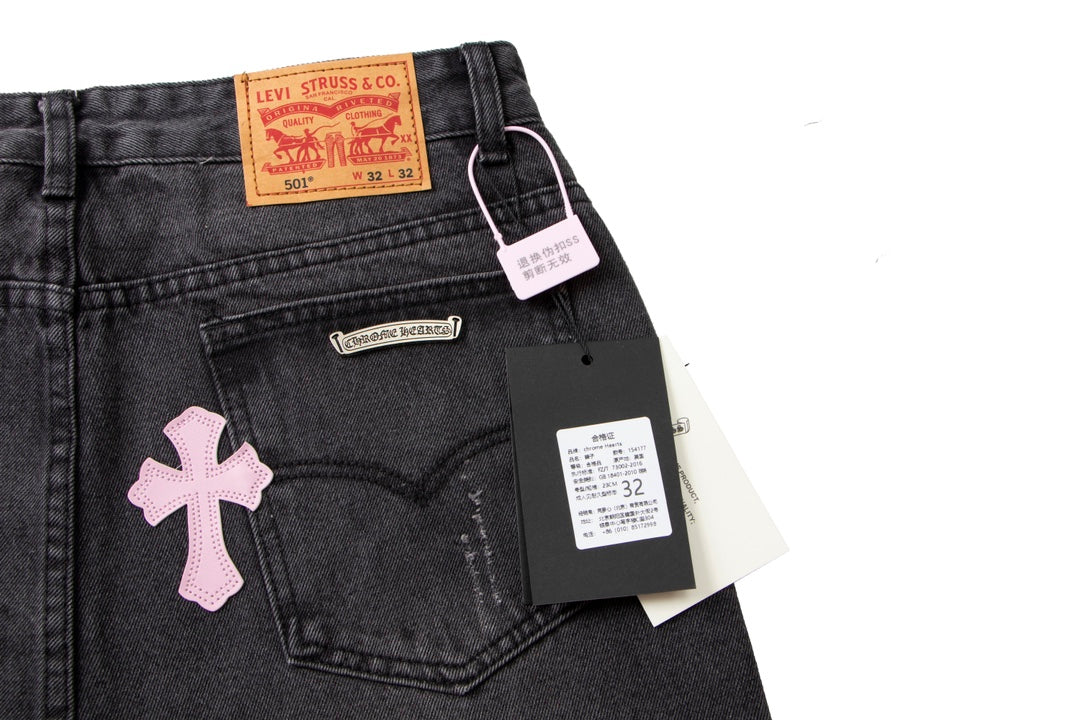 Chrome Hearts x Levis Pink Cross Patch Black Denim Jeans