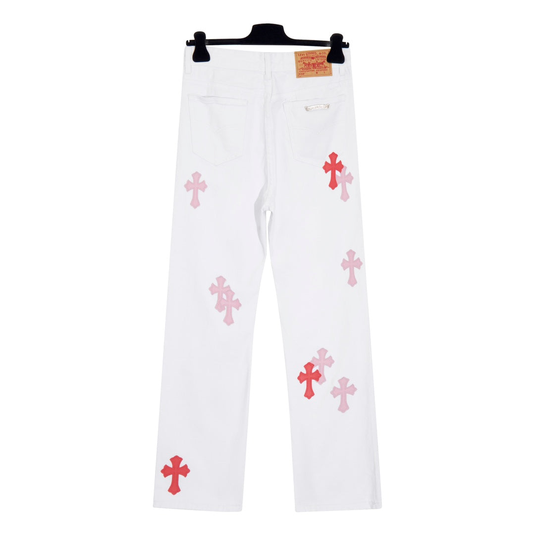 Chrome Hearts x Levis Pink/Red Cross Patch White Denim Jeans