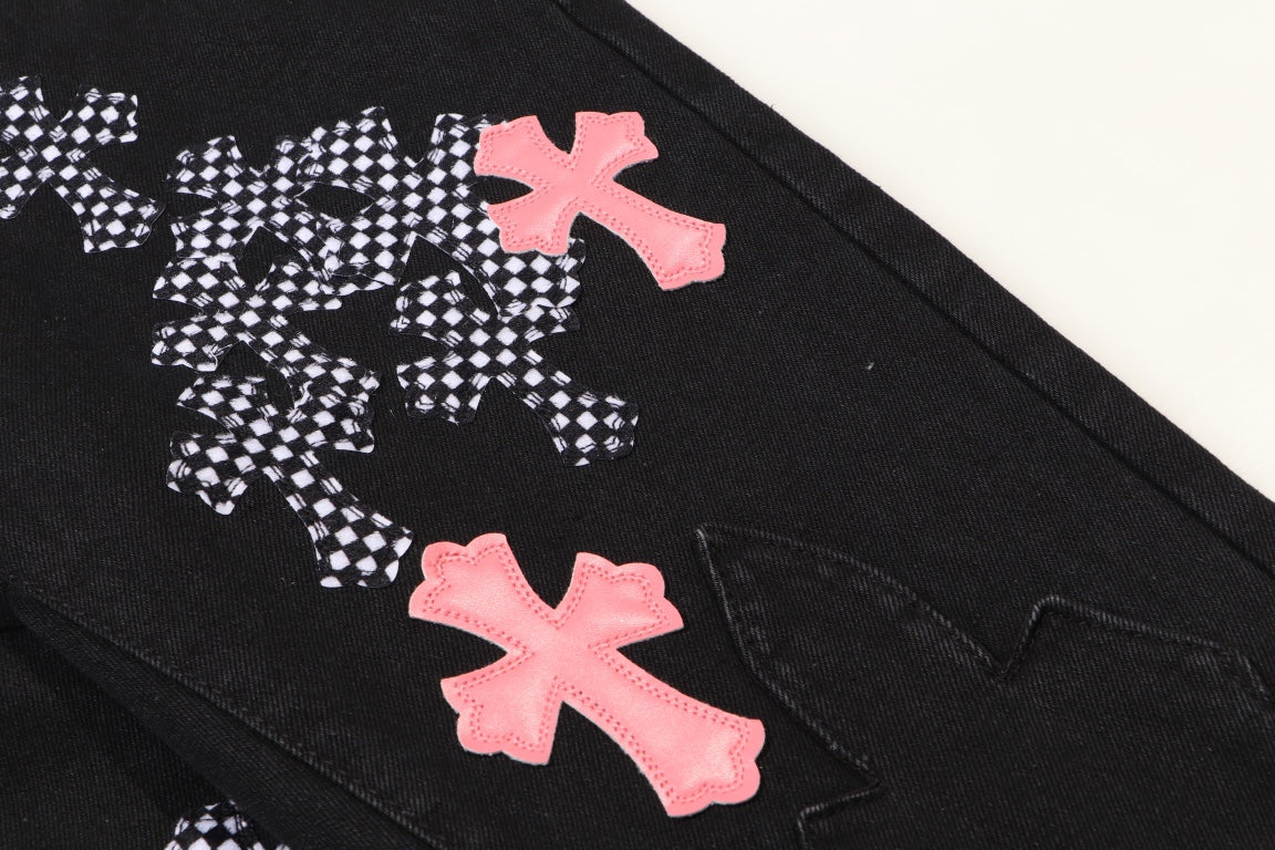 Chrome Hearts Pink/Checkered Cross Patch Black Denim Jeans